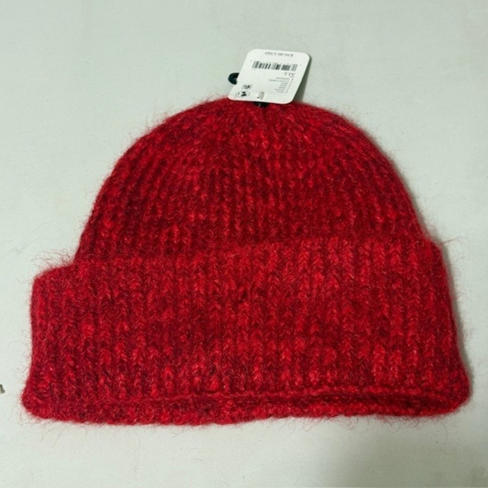 Free People Fluffy Ribbed Beanie Red Wool Blend Knit Cuffed Hat New